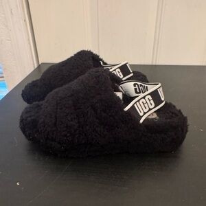UGG Fluff Yea Slides Black Fur Fluffy Slippers Womens Size 7